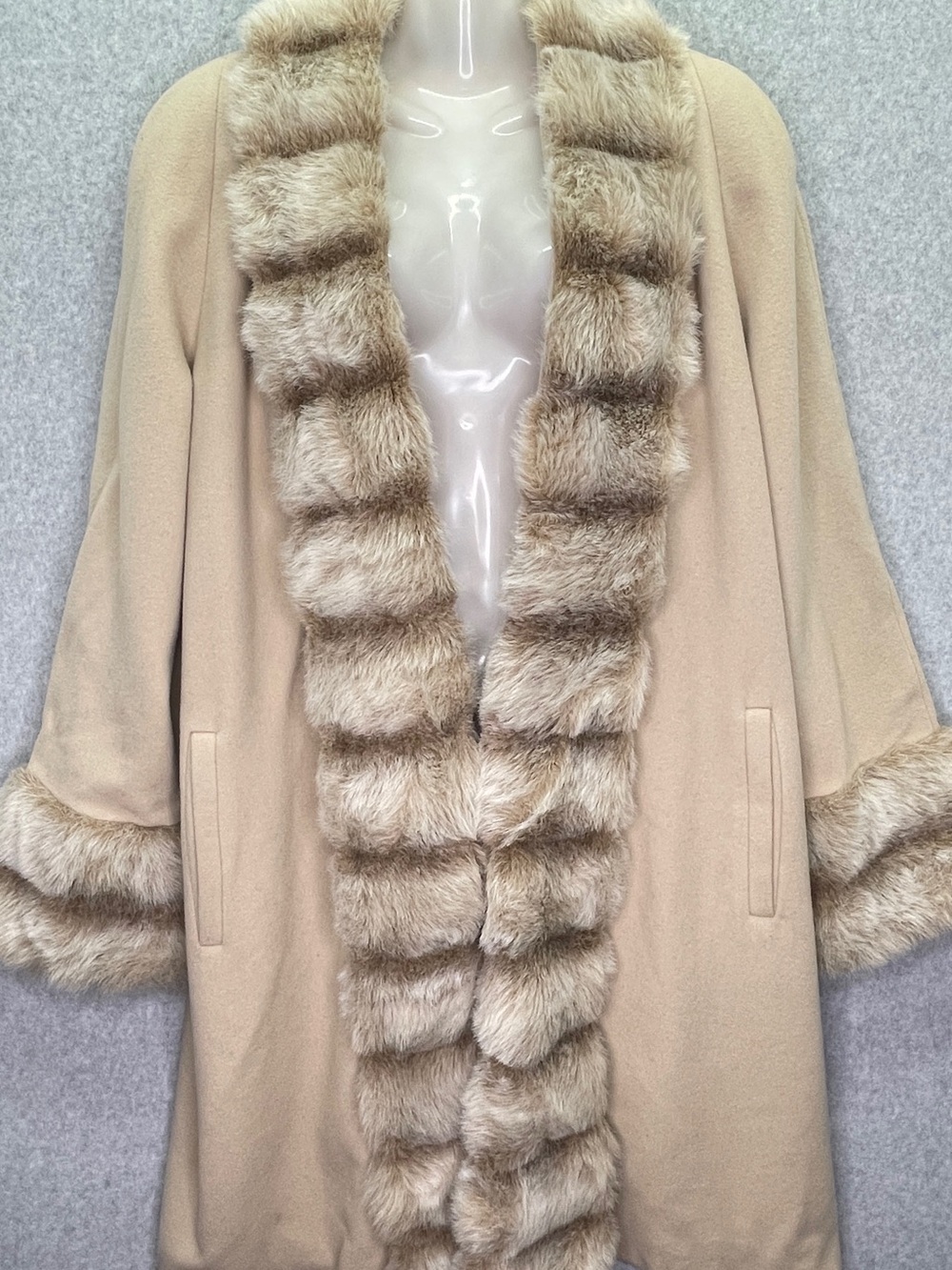 Vintage Alorna Faux Fur Trim Coat Beige Size 14 Winter Fashion